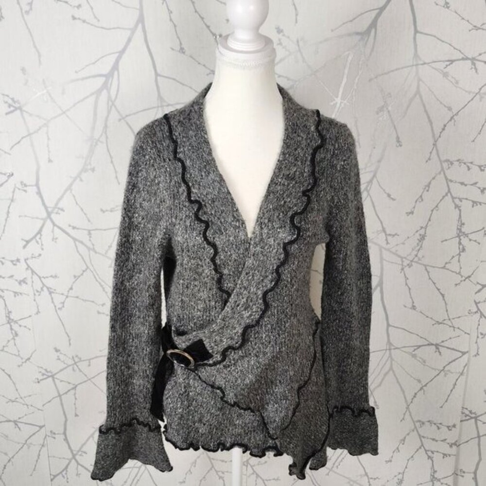 Nado Gray 25% Wool Knit Faux Wrap Ruffle Edge Sweater